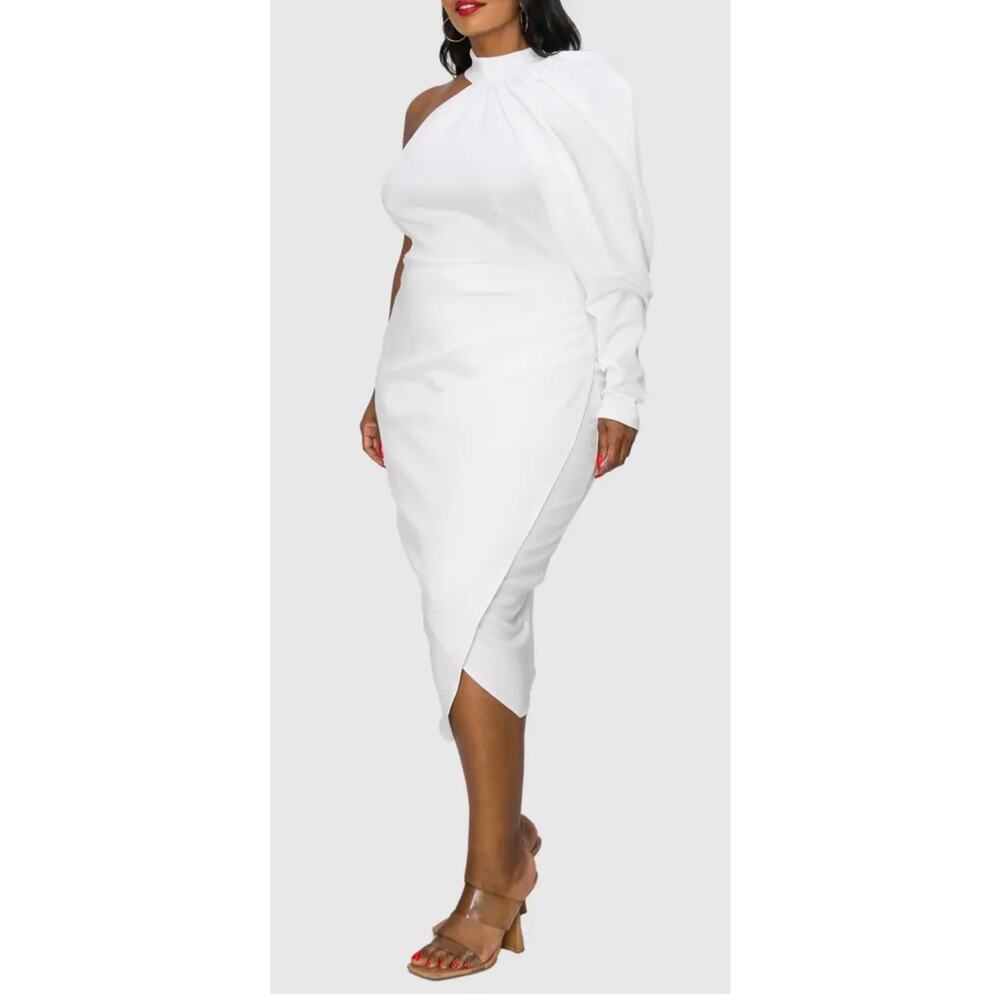 LIVD Unique Vintage White Neoprene Scuba One Shoulder Dress 1X - Picture 2 of 10